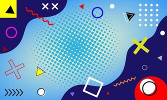 Blue abstract geometric halftone background with gradient colors and memphis shapes vector