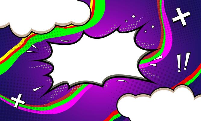 Comic speech bubble with swirl element and cloud, colorful halftone vintage pop art background