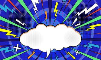 Pop art comic halftone burst background with cloud and thunder flash. Cartoon Illustration vector