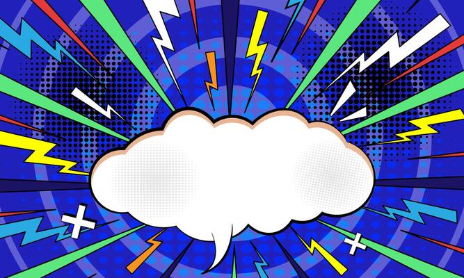 Pop art comic halftone burst background with cloud and thunder flash. Cartoon Illustration