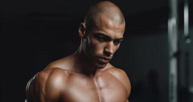 A toned man is engaged in weight training, concentrating intensely as he holds dumbbells in a gym. His committed expression highlights the effort and determination involved in his workout routine. photo