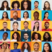 A vibrant collection of cheerful individuals from various backgrounds, expressing joy and positivity. Each face reflects unique stories of happiness and diversity against bright backdrops. photo