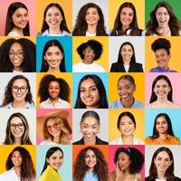 A collage of diverse, happy individuals with various hairstyles and expressions, reflecting joy and positivity. Each person represents a different background, celebrating unity in diversity. photo