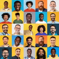 This vibrant collection showcases a diverse group of individuals smiling and radiating joy. Each person highlights the beauty of unity in diversity through their cheerful expressions. photo