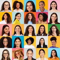 A vibrant collage featuring a group of diverse individuals, each smiling brightly. The set reflects positivity and unity, representation in a joyful atmosphere. photo
