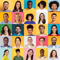 A colorful collage showcases cheerful individuals from various backgrounds, each expressing joy and positivity. The collection highlights the beauty of diversity in lifestyle and youthfulness. photo