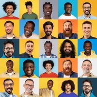 A cheerful collection of diverse individuals showcases a lively range of smiles and expressions against colorful backgrounds. Each face reflects positivity and inclusivity in everyday life. photo