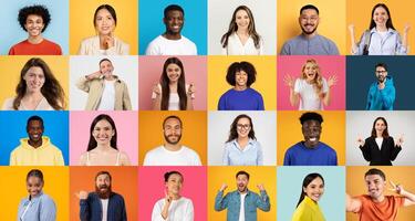 A vibrant collection of cheerful faces showcases a diverse group of people expressing happiness. Each person radiates positivity against a colorful backdrop, embodying unity in diversity. photo