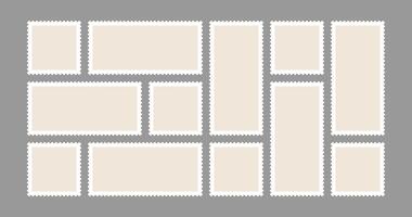 Post stamp set. Postcard corner delivery mark. Perforated border and rectangular square shape label. Scrapbook travel sticker, Vintage mail envelope seal. Retro shipping package postage clipart vector