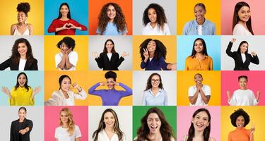 A lively collection showcases happy and positive women from diverse backgrounds, each expressing joy in front of colorful backgrounds. Their smiles create a sense of connection and warmth. photo