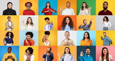 A vibrant collection of diverse individuals showcases joy and positivity. Different backgrounds come together, sharing smiles and cheerful expressions in a lively setting. photo