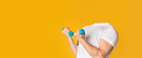 A person engages in a workout routine, lifting dumbbells with strong arms. The backdrop features a bright, solid color, emphasizing the activity and creating a modern aesthetic. photo