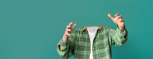 A unique visual showcases headless guy reaching out, set against a vibrant, plain background. This artistic representation creates an intriguing focus on gestures and movements. photo