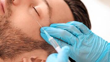 Bearded man getting beauty injection against eye wrinkles from unrecognizable beautician, closeup. Cosmetologist making eye lifting procedures for handsome middle aged man at aesthetic clinic photo