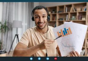 Happy arab businessman making teleconference with colleagues from home, showing company financial reports with graphs and charts, POV screenshot, collage photo