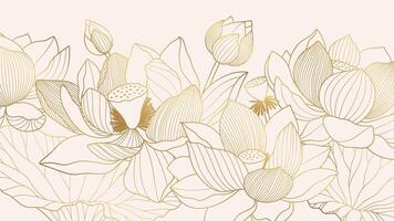 Elegant gold line drawing of lotus flowers and leaves on a light background. Minimalist oriental design, perfect for luxury prints, patterns, or backgrounds vector