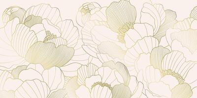 Elegant gold line drawing of peonies flowers on a light background. Minimalist oriental design, perfect for luxury prints, patterns, or backgrounds vector