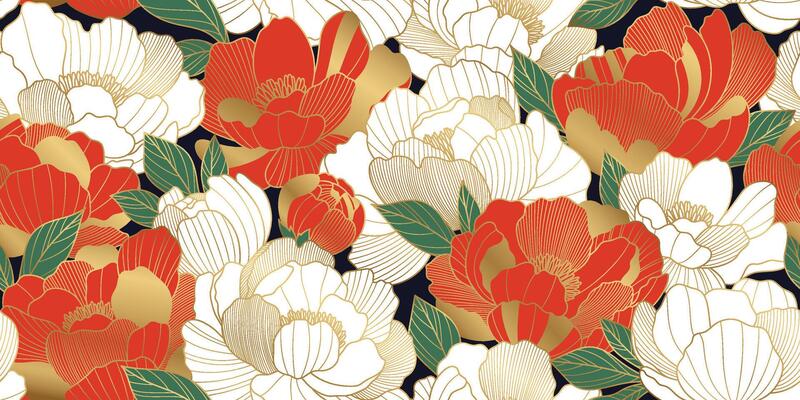 Chinese luxury seamless pattern with oriental peony flowers and leaves. Asian background of gold lines art texture. Design illustration for wallpaper, card, poster, packaging, advertising.