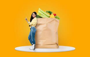 A cheerful customer gives a thumbs up while standing next to a large paper grocery bag filled with fresh vegetables and fruits. The vivid background enhances the shopping experience. photo
