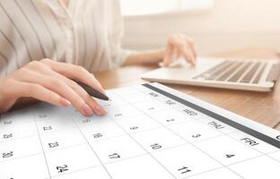 Business Scheduling. Unrecognizable Woman Working On Laptop And Checking Calendar At Workplace, Taking Notes To Planner, Managing Times For Appointments, Setting Events In Organizer, Creative Collage photo