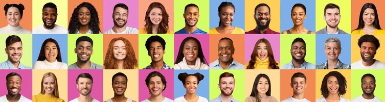 Set Of Multiracial People Faces Smiling To Camera Posing Over Different Pastel Colored Backgrounds. Headshots Of Diverse Men And Women In Collage. Generation Diversity Concept. Panorama photo