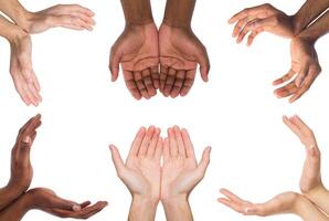 Black and white hands holding or offering something, isolated on white background. Open palms of multiethnic men, handful gesture. Set of hands. photo