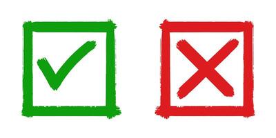 Tick and cross brush signs. Green checkmark OK and red X icons, isolated on white background. vector