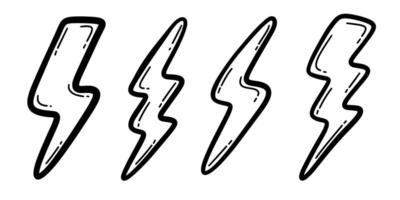 Hand-drawn lightning bolt icon set in doodle style. perfect for use in graphic design, stickers, web elements, and illustrations. vector