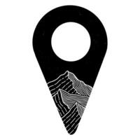 A minimalist black and white location pin icon with a stylized mountain landscape inside. Perfect for travel apps, hiking themes, outdoor adventure content, and modern map interface designs. vector