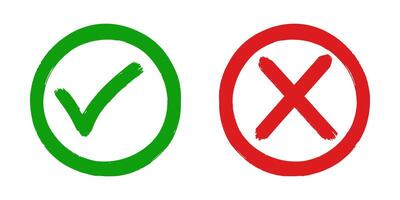 Set of flat design icons showing a green check mark and a red cross. These symbols are commonly used to represent correct vs. incorrect, approval vs. rejection, and right vs. wrong concepts. vector