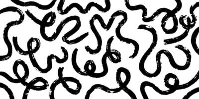 abstract pattern featuring bold, hand-drawn brush stroke lines, loops, squiggles, and grunge ink textures on a white background. vector