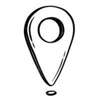 Hand drawn location pin icon in doodle style. This black and white sketch represents a map pointer used for marking places, GPS, and navigation. vector