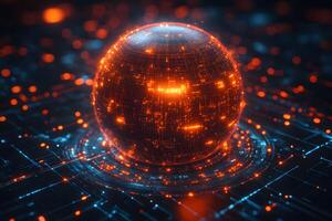 Futuristic Digital Sphere with Glowing Orange Data Points on Circuit Background photo