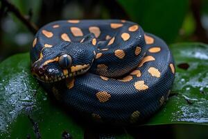 Exotic Reptile Beauty Coiled Rainbow Python Resting on Leaf Amidst Rainforest photo