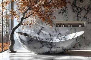 Luxury Marble Bathroom Design with Autumn Tree by Large Window for Relaxation and Serenity photo
