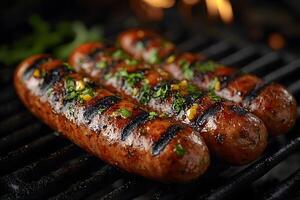 Grilled Sausages with Herbs and Spices on Barbecue Grill for Culinary Design and Meal Inspiration photo