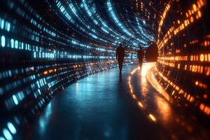 Futuristic Digital Tunnel with Binary Code and Silhouetted Figures in Motion photo