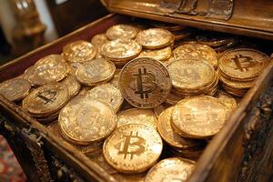 Treasure Chest Filled with Gold Bitcoin Coins for Cryptocurrency Savings Concept photo