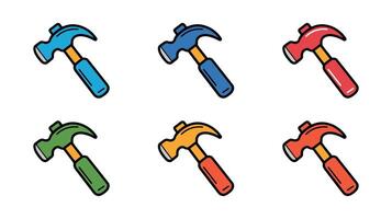 A collection of six simple, colorful hammer icons on a white background. vector