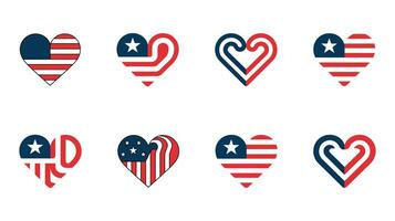 A Collection Of Patriotic Hearts Shaped Illustration Featuring The American Flag In Various Stylized. vector