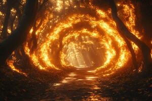 Enchanted Fiery Forest Path with Luminous Trees - Fantasy Landscape for Posters and Digital Art photo