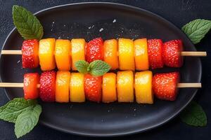 Fresh Fruit Skewers with Strawberries and Citrus Slices on Black Plate for Healthy Summer Snack photo