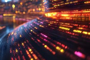 Abstract Futuristic Data Stream with Vibrant Neon Lights for Digital Technology photo