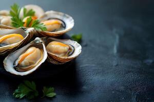Fresh Oysters on Dark Slate Background for Culinary and Dining Concepts photo