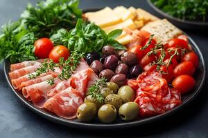 Italian Antipasto Platter with Cured Meats, Cheese, Olives, and Fresh Vegetables for Culinary Delight photo