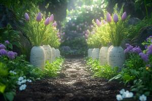 Enchanted Garden Pathway with Glowing Floral Arrangements in a Lush Forest Setting photo