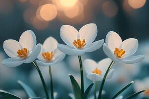 Elegant White Crocus Blooms in Soft Focus Setting for Spring Floral Design photo