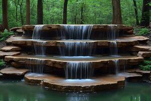 Serene Multi-Tiered Waterfall in Lush Forest Setting - Perfect for Nature Themes, Meditation, and Tranquil Designs photo