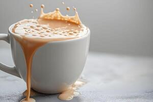 Overflowing Coffee Cup with Splashing Liquid Dynamic Morning Beverage Concept for Cafes and Kitchens photo