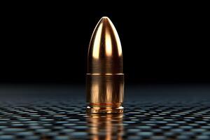 Shiny Bullet Standing Upright on Reflective Surface Ammunition and Firearm Concept photo